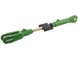 The Levelling Box Assembly by Sparex, part number S.150085, is a green adjustable top link designed for three-point hitches commonly found in agricultural machinery. It features a metric thread size of M33x3.5 and includes a ball diameter of 25.5mm, with additional specifications such as a fork hole size of 26x85mm and a minimum length of 1010mm.
