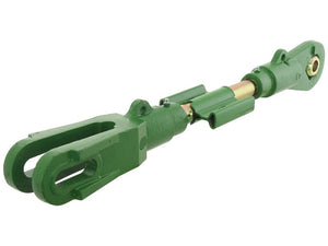 The Sparex Levelling Box Assembly, part number S.150091, is a green metal adjustable top link for a tractor that features open-end fork and eyelet ends. It includes customizable end fittings, with a ball diameter of 25.5mm and fork hole dimensions of 26x85mm. The minimum length of the assembly is 710mm, and it utilizes M33x3.5 metric threads.