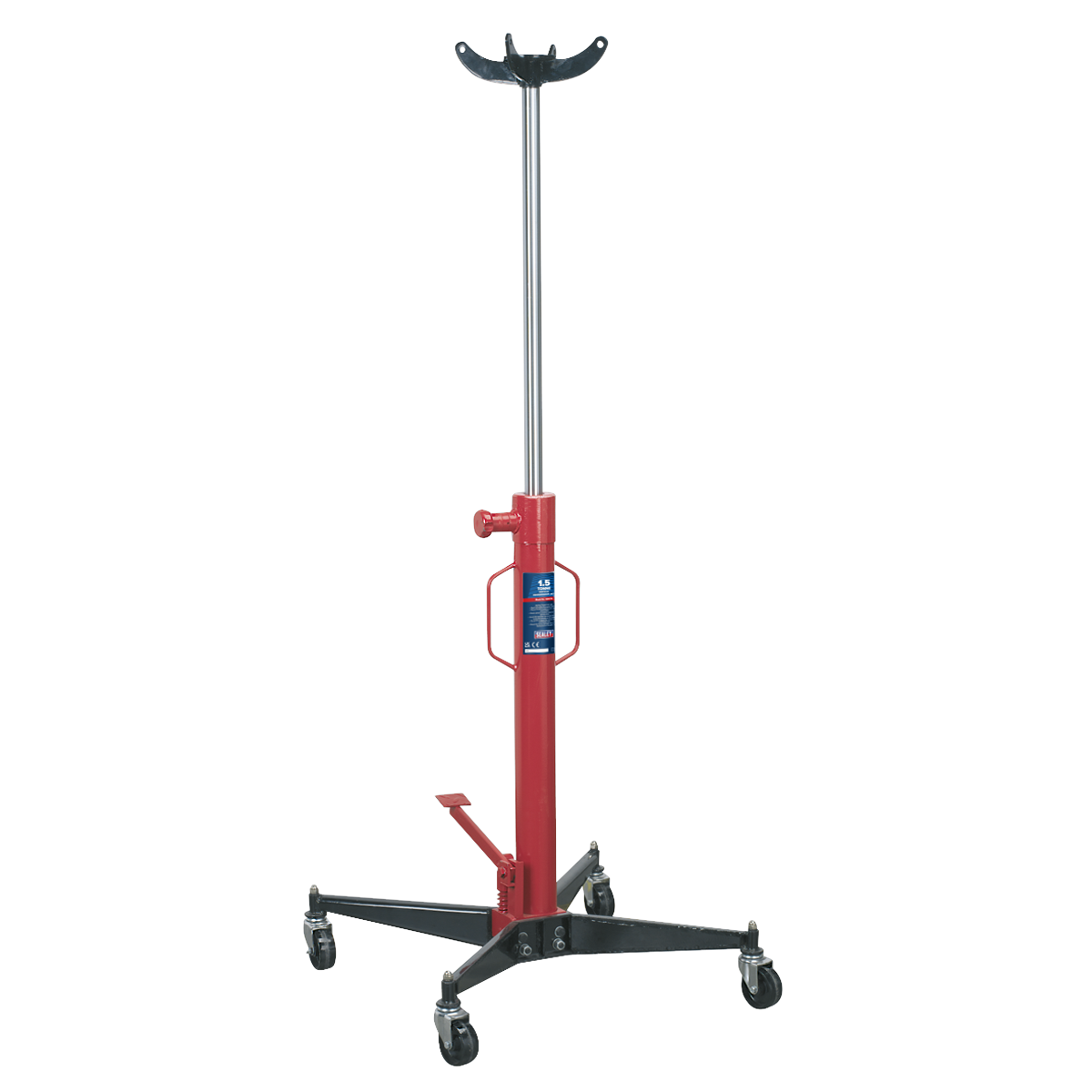 Hydraulic Transmission Jack 1.5tonne Vertical - 1500TR by Sealey, featuring a red and black body with adjustable height and swivel casters at the base for mobility. It includes an adjustable gearbox support and a spring-loaded safety release for added security.