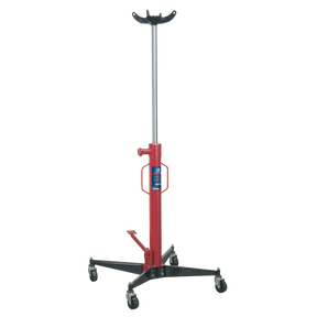 Hydraulic Transmission Jack 1.5tonne Vertical - 1500TR by Sealey, featuring a red and black body with adjustable height and swivel casters at the base for mobility. It includes an adjustable gearbox support and a spring-loaded safety release for added security.
