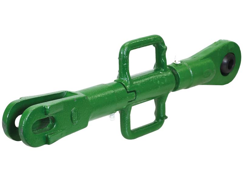 A green agricultural tractor top link implement, the Levelling Box Assembly with adjustable features from Sparex, which includes clevis-type end fittings with a ball diameter of 20mm and a fork hole diameter of 22mm, along with a center turnbuckle for precise length adjustment from a minimum length of 470mm.