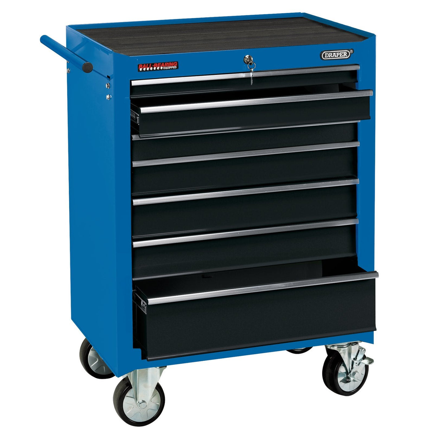 A Draper Roller Tool Cabinet (RC7D) in blue, with seven black drawers including one partially open drawer, and a black work surface on top, features heavy-duty castors for easy mobility.