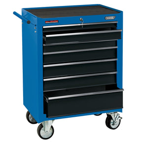 A Draper Roller Tool Cabinet (RC7D) in blue, with seven black drawers including one partially open drawer, and a black work surface on top, features heavy-duty castors for easy mobility.