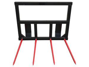 A black metal frame featuring four red, pointed tines extending horizontally from the bottom, known as the Heavy Duty Big Square Bale Frame with 4 x M28 x 1250mm SHW Brand Tines (Conus 2) from Sparex. Sparex Part Number: S.150429.