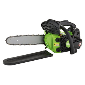 A Draper Petrol Chainsaw With Oregon® Chain And Bar, featuring an ergonomic design and protective blade cover, available in green and black, with a 250mm bar and 25.4cc engine - CSP2625.