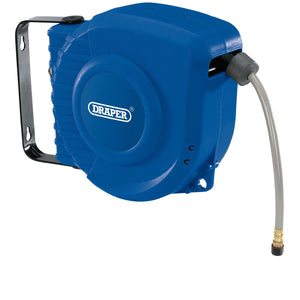 The Draper Retractable Air Hose Reel, 12M - RAH12 features a black mounting bracket and a durable PVC air hose with a brass connector, designed for up to 10 bar working pressure.