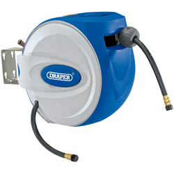 A Draper Retractable Air Hose Reel, 10M - RAH10, in blue and white, mounted on a metal bracket. It features a PVC hybrid air hose with two visible 1/4 BSP threaded connectors.