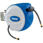 A Draper Retractable Air Hose Reel, 10M - RAH10, in blue and white, mounted on a metal bracket. It features a PVC hybrid air hose with two visible 1/4 BSP threaded connectors.