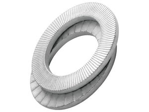 A pair of Sparex Extra large HEICO-LOCK® M20 x 39mm through-hardened, zinc flake coated locking washers with serrated edges (Sparex Part Number: S.150500) are stacked together on a white background.