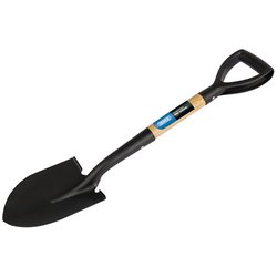 The Draper Round Point Mini Shovel features a black handle, a rounded pressed mild steel blade, a D-shaped plastic grip, and a sturdy wood shaft.