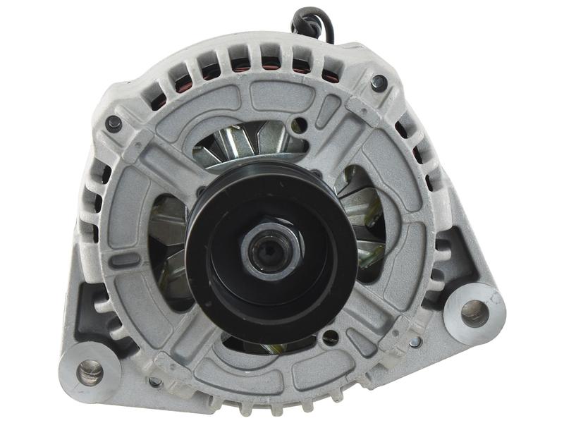 Close-up view of the Alternator (Sparex) - 14V, 150 Amps (Sparex Part Number: S.150733), featuring a metallic casing and an internal fan type central pulley, front facing.