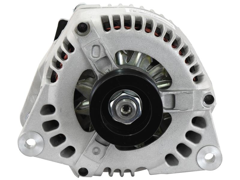 Front view of the Alternator (Sparex) - 12V, 100 Amps, Sparex Part Number S.150774, showcasing its silver body with cooling vents, an internal fan, and a black multi-ribbed pulley.