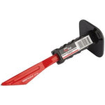 The Draper Redline Plugging Chisel, 250mm - RL-PCG is a red and black hand tool designed for splitting wood. It features a sharp, pointed end and an impact-absorbing grip handle. Made with durable medium carbon steel, the chisel also has a barcode sticker affixed to the handle.