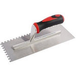 The Draper Redline Soft Grip Adhesive Trowel, 120 X 280mm - RL-NAT/SG/B, features a soft grip handle for user comfort and a carbon steel rectangular blade, making it perfect for spreading adhesive or mortar.