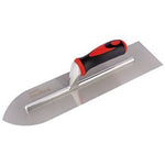 The Draper Redline Soft Grip Flooring Trowel, 400mm - RL-FT/SG/B features a rectangular blade and a red and black soft grip handle, designed for user comfort on a white background.