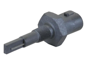 Close-up of the Sparex Coolant Temperature Sensor (Part Number: S.151165) featuring a gray industrial metal composition with hexagonal and cylindrical sections. It includes a threaded shaft and a flat, protruding element at the end, exemplifying precision engineering with an optimal nut diameter suitable for various applications.