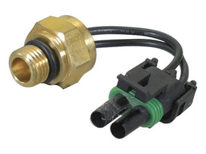 Close-up of a Sparex Coolant Temperature Sensor (S.151169) with a brass body, metric thread fitting, and attached black wires that terminate in a green and black plastic connector.