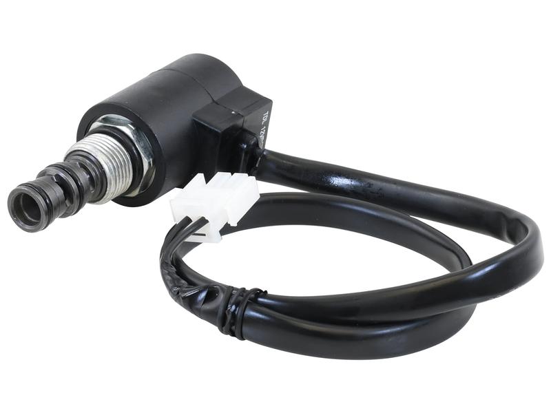 Close-up view of the Front Diff Lock Solenoid (Sparex Part Number: S.151183) by Sparex, featuring a black solenoid valve with a connected black cable and white connector, suitable for machinery parts under Tariff Code 8481201090.