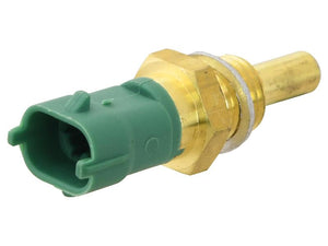 A close-up of the Sparex Fuel Temperature Sensor, identified by part number S.151198, featuring a brass body and green plastic connector, and compatible with metric dimensions.