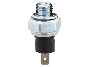 A metallic Sparex Oil Pressure Switch with part number S.151223 features a threaded top, a hexagonal nut, and a black plastic casing at the base. It includes a single metal pin connector protruding from the bottom. The applicable tariff code for this item is 8708991055.