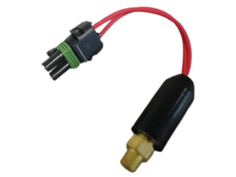 The Transmission Oil Pressure Sensor (Sparex Part Number: S.151343) from Sparex comes with red wiring, Terminals 2, a green connector, and a brass-threaded fitting encased in a black protective cover.