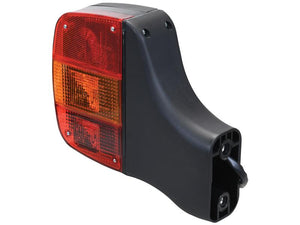 Close-up of the Rear Combination Light, Halogen, by Sparex, featuring red and amber lenses in a black housing with an E Approved marking. A connector cable extends from the housing, secured with a visible screw. This left-hand unit serves brake, tail, indicator, and number plate functions and operates at 12/24V (Sparex Part Number: S.151512).