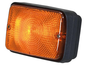 Close-up of a Sparex Indicator Light, RH, 12V (Sparex Part Number: S.151524) in orange with a textured lens and two screws, mounted in a black housing.