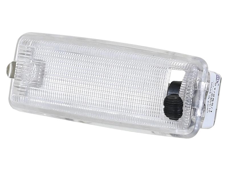 A rectangular, transparent ceiling light cover with a ridged texture, featuring a small black knob and a metallic clip on the left side, designed to complement the Sparex Interior Light (Halogen), 12V (Sparex Part Number: S.151695).