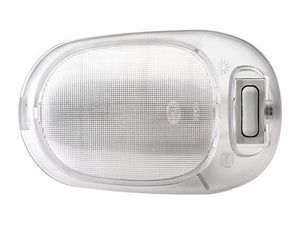 Close-up of a white Halogen dome light with a switch, commonly used in vehicle interiors for illumination. This Sparex Interior Light, 12V (Sparex Part Number: S.151698), ensures durability and reliability in various conditions.