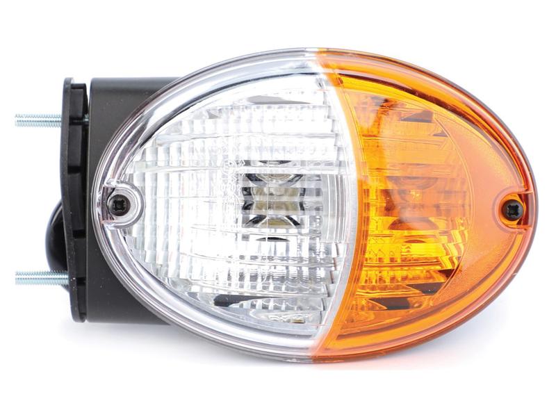 Close-up of a Sparex Front Combination Light (Halogen), 12/24V, LH, Straight | Sparex Part Number: S.151734, showcasing a headlight assembly with clear and amber lenses mounted on a black base.