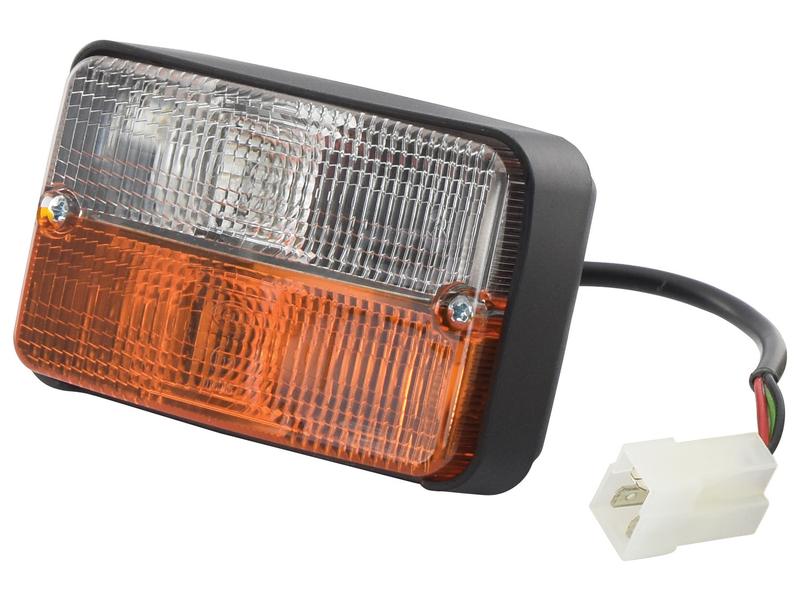 A Sparex brand Indicator Light, featuring a rectangular vehicle light assembly with a clear top and amber bottom section, attached to a black cable and white connector plug. This halogen light is compatible with both RH & LH orientations and operates on 12V (Sparex Part Number: S.151743).