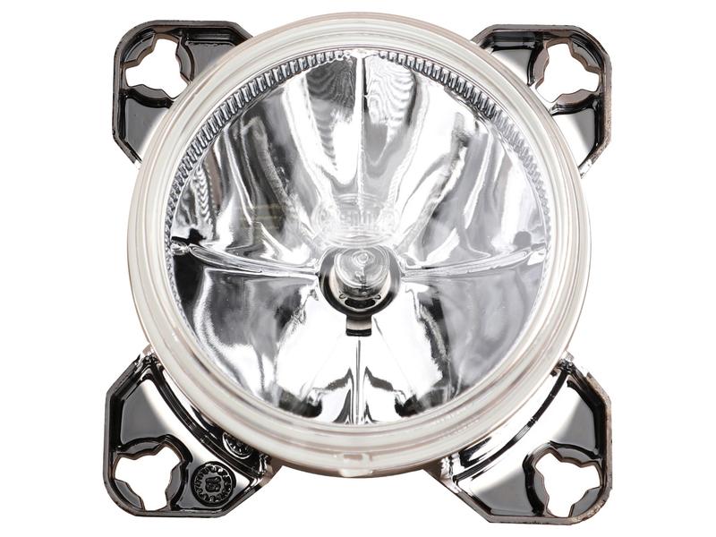 A close-up view of the shiny round Work Light (Halogen) by Sparex (Sparex Part Number: S.151746), with a clear lens, mounted on a metallic frame, showcasing the sleek integration of a halogen bulb.