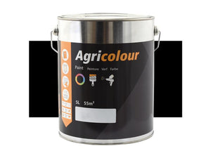 A 5-liter tin of Sparex Agricolour Black Gloss Paint (Sparex Part Number: S.151767), labeled in multiple languages, featuring a graphic indicating coverage of 55 square meters. The can boasts a sleek black design with orange and white text, ideal for preparing metal surfaces.