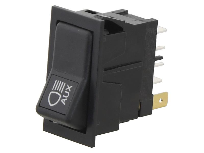 A black rocker light switch with an "AUX" label on the lever and multiple metal terminals, ideal for various electrical connections, can be found as the Sparex Part No. S.152174 in machinery from brands like Ford New Holland and Case IH.