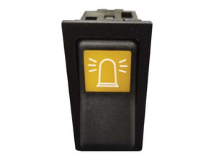 Close-up of a rectangular black sensor with a yellow face showing an icon of a light or alarm symbol, compatible with Front Suspension Pressure Sensor, Sparex Part Number S.152187.