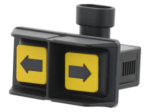 A black and yellow hitch remote control switch with double buttons featuring left and right arrow icons, available under Sparex part number S.152296 with a tariff code of 8708991055.