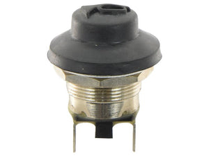 A close-up image of a Sparex Push Button Switch (Sparex Part Number: S.152299) with a black rubber cap, featuring a threaded base and two metal terminals for electrical connections.