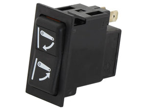 The Rocker Switch - Air Con., 2 (Sparex Part Number S.152335) by Sparex is a black electric switch featuring two buttons with white arrow icons indicating directional movement, compatible with 12V terminals.