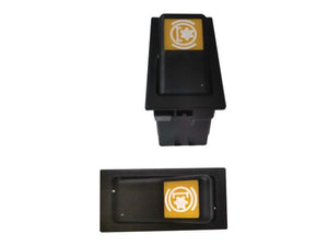 Two black PTO switches with yellow brake symbol labels. The Sparex PTO Switches (Part Number: S.152361) feature large rectangular buttons in a plastic casing, shown from different angles. Tariff Code: 8708991055.