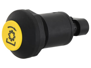 Close-up of a black push-button switch with a yellow top, featuring an icon indicating power or reset. This high-performance 48V switch, identified as the PTO Switch from Sparex (Part Number: S.152379), includes robust terminals, ensuring durability and reliability for your machinery needs.