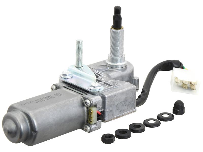 The Wiper Motor, Sparex Part Number S.152431 from the brand Sparex, is a metal automotive part with an attached cable and connector, accompanied by several black washers. This product is categorized under tariff code 8708299000.