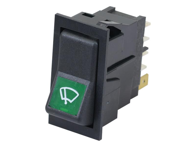 The Wiper Switch (Sparex Part Number: S.152443) by Sparex is a black and green rocker on/off switch with multiple prongs, frequently used in automotive applications, featuring a 12V windshield wiper symbol on the green section.