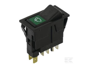 The Wiper Switch (Sparex Part Number: S.152443) by Sparex is a black and green rocker on/off switch with multiple prongs, frequently used in automotive applications, featuring a 12V windshield wiper symbol on the green section.