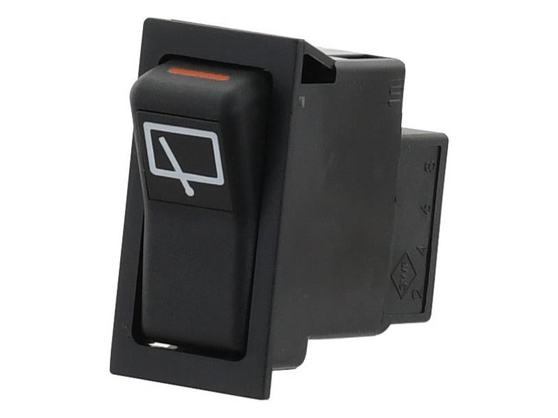 The Wiper Switch (Sparex Part Number: S.152451) by Sparex is a black rectangular On/Off switch featuring a windshield wiper icon and convenient terminals for easy connection, ideal for automotive applications.