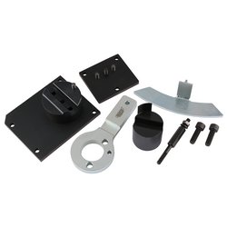 The Draper Engine Timing Kit (Alfa Romeo, Lancia) - ETK101, featuring assorted metal hardware pieces such as brackets, plates, a cylindrical component, a camshaft locking tool for Alfa Romeo, a wrench-like piece, and screws, is arranged on a white background.