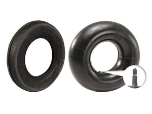 Two black rubber tire inner tubes from the Sparex Tyre & Tube Set (3.50 - 8, 4PR, TR13 Straight Valve | Part Number: S.152481), one inflated and one deflated. The inflated tube features a TR13 Straight Valve detail showcased in an inset magnified circle.