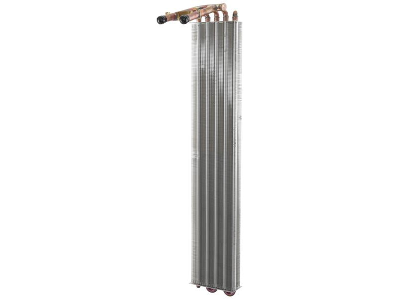 The Sparex Evaporator (Part Number: S.152496) is a vertical, metallic heat exchanger featuring three pipes at the top for fluid connections, multiple parallel fins for efficient heat dissipation, and an adjustable core height.