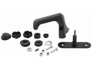 A set of black and silver hardware parts, featuring the Sparex Window Handle (Sparex Part Number: S.152632), along with various washers, screws, nuts, and fasteners, arranged on a white background. Perfect for various applications and compliant with Tariff Code 8708299000.