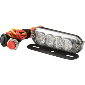 Introducing the Sparex LED Slimline Hazard Light, a Class 3 interference-rated model S.152728. This rectangular hazard light features four bulbs with an amber light option, connected to a red and yellow wire bundle, and is conveniently controlled by a black switch and red button. Suitable for 12-24V operations, it offers both single flash and double flash functionalities.