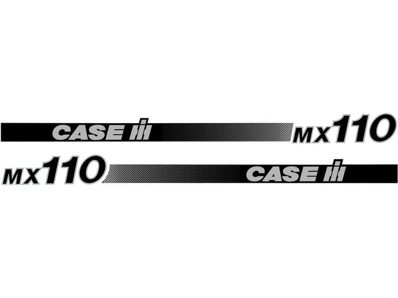 The Decal Set - Case IH / International Harvester MX110 (Sparex Part Number: S.152831) includes two horizontal decals featuring the text "CASE IH" and "MX110" in distinct styles. On the top decal, "CASE IH" is positioned on the left with "MX110" on the right, and this arrangement is reversed on the bottom decal. This set is ideal for enthusiasts of International Harvester heritage or those working on Case IH equipment restorations.